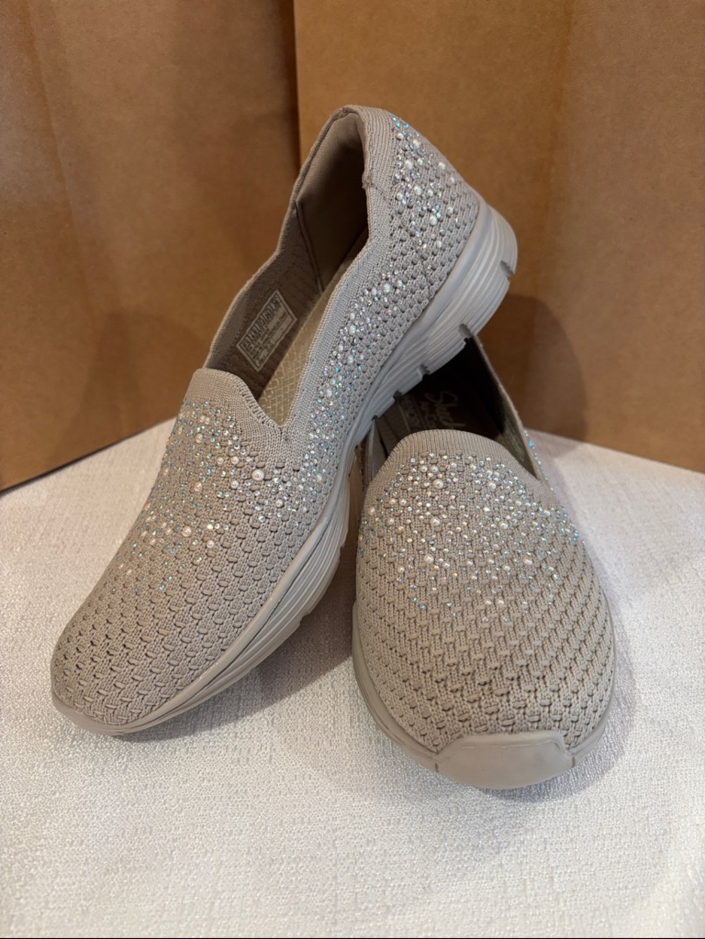 Skechers Taupe Slip-On Sparkly Sneakers, Memory Foam and Stretch Fit, size 7.5